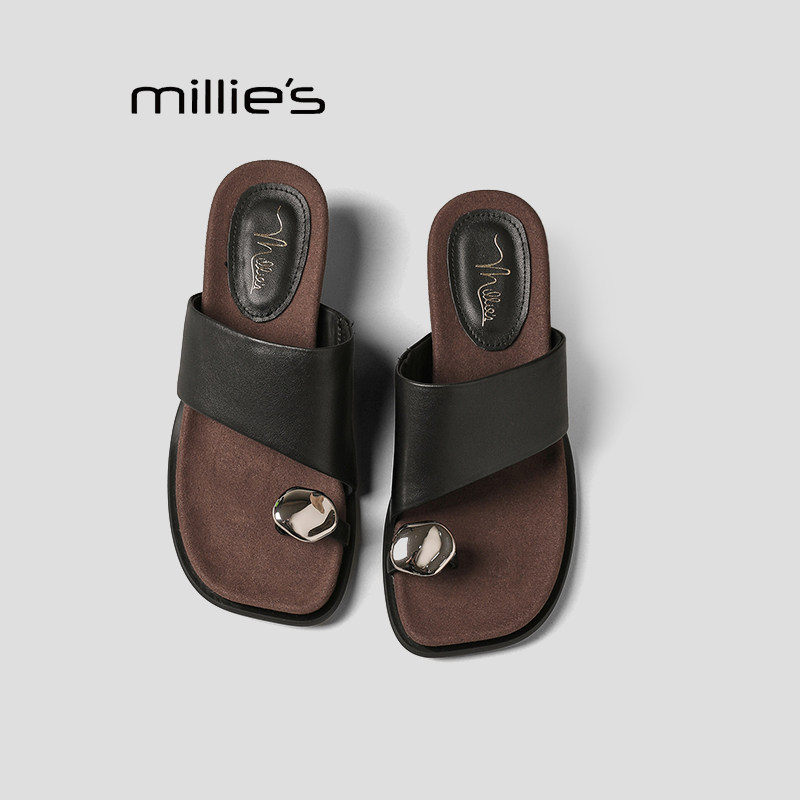 MILLIE'S/妙丽一字拖女2026夏季黑色搭扣分趾凉拖鞋时尚百搭P