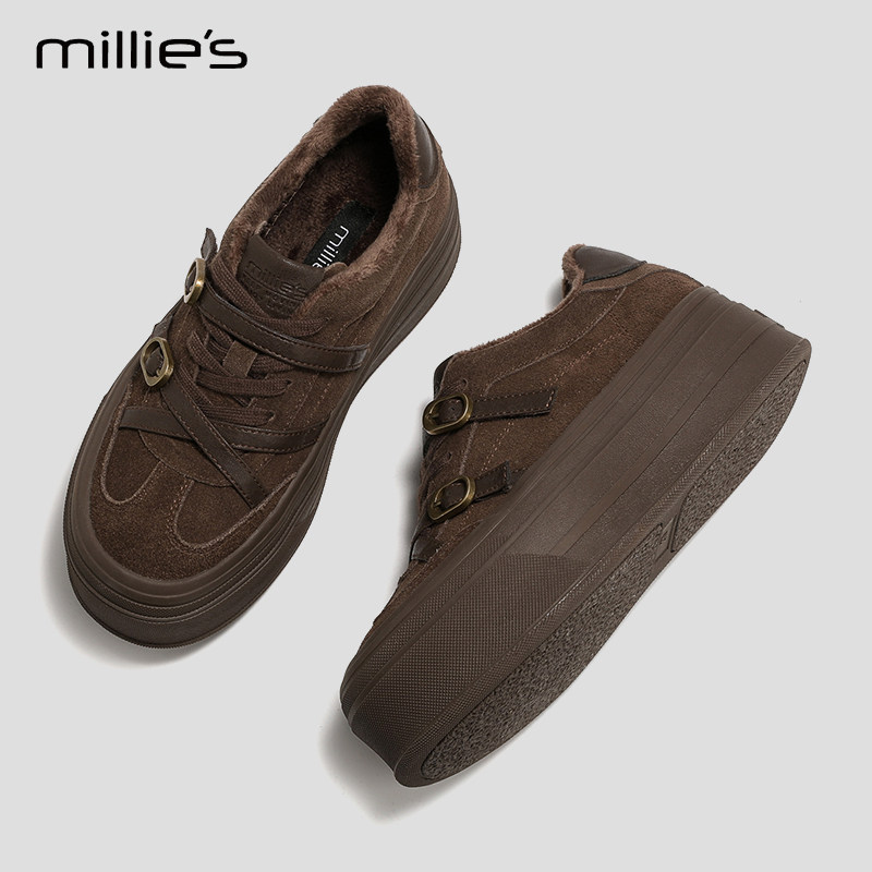 MILLIE'S/妙丽厚底百搭休闲板鞋秋冬加绒保暖棉鞋女款轻便软底Q