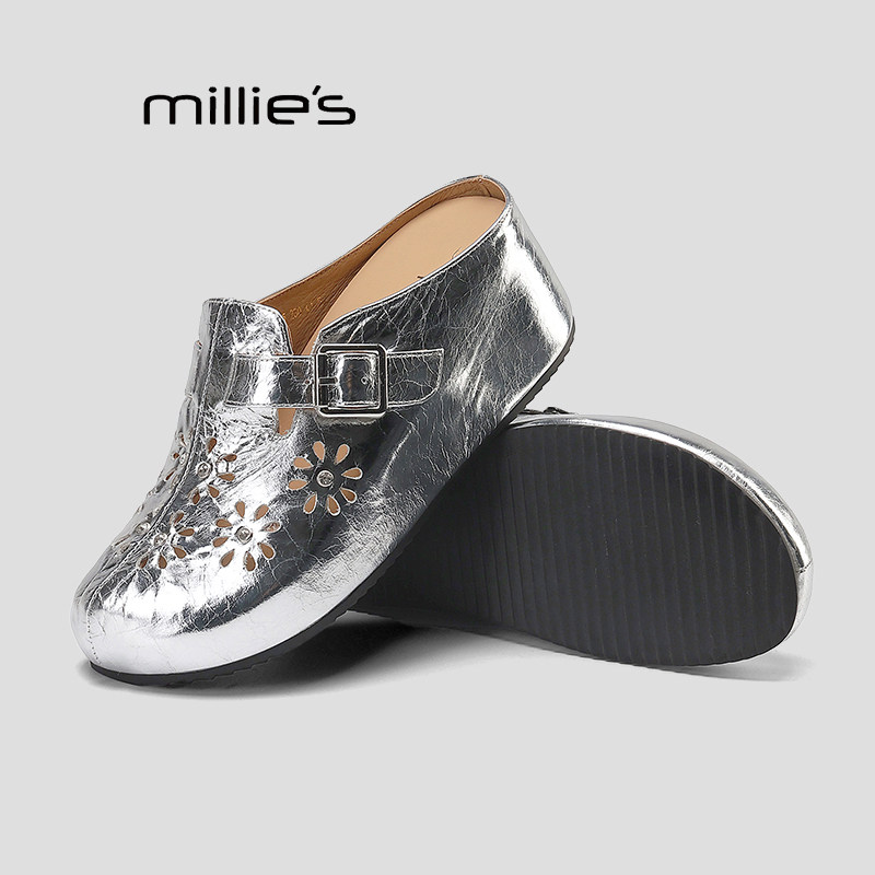 MILLIE'S/妙丽镂空花朵包头半拖鞋女平底内增高勃肯鞋一脚蹬外穿Q
