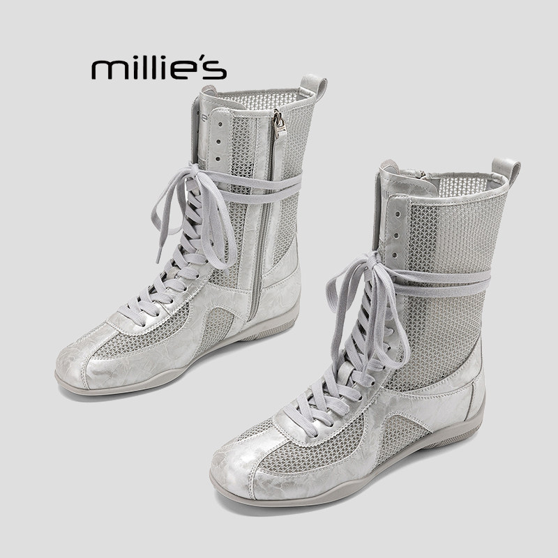 MILLIE'S/妙丽厚底网面拳击靴女2026新款透气系带马丁靴灰色短靴P