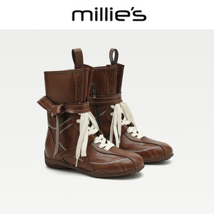 MILLIE'S/妙丽官方正品2026新款复古英伦风黑色厚底中筒靴C