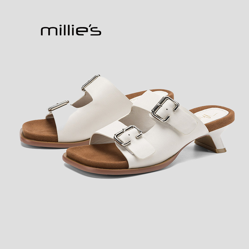 MILLIE'S/妙丽复古方头真皮一字带凉鞋女夏季中跟百搭外穿凉
