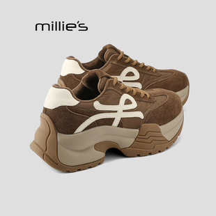真皮休闲系带复古增高运动鞋 MILLIE 女冬季 妙丽厚底加绒阿甘鞋