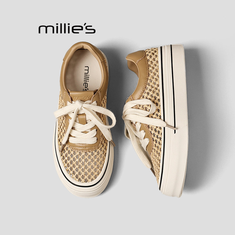 MILLIE'S/妙丽夏季新款巨好看厚底编织镂空休闲鞋棕色增高鞋板鞋P