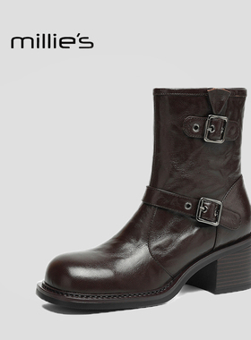 MILLIE'S/妙丽黑色皮带扣机车靴女2025新款粗跟短靴百搭马丁靴Q