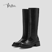 MILLIE 妙丽黑色真皮高筒靴女秋冬百搭骑士靴小个子长筒靴Q