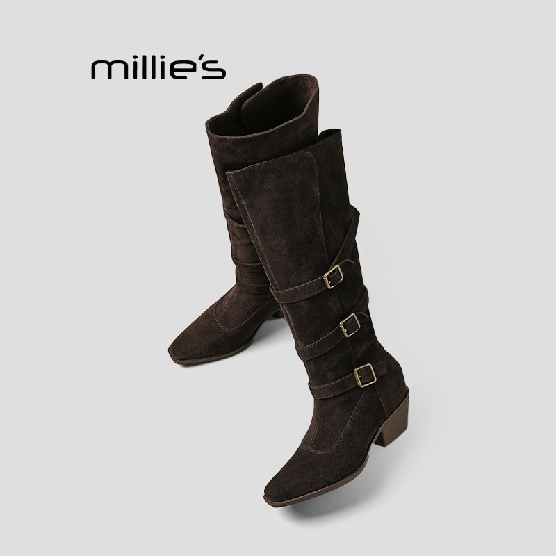 MILLIE'S/妙丽长靴女不过膝长筒靴冬款加绒尖头靴复古高跟马丁靴Q
