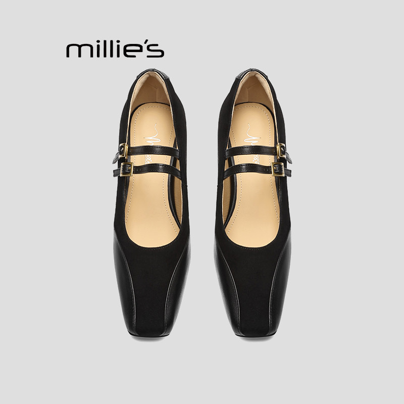 MILLIE'S/妙丽黑色双扣带玛丽珍鞋女2026夏季内增高浅口单鞋百搭P