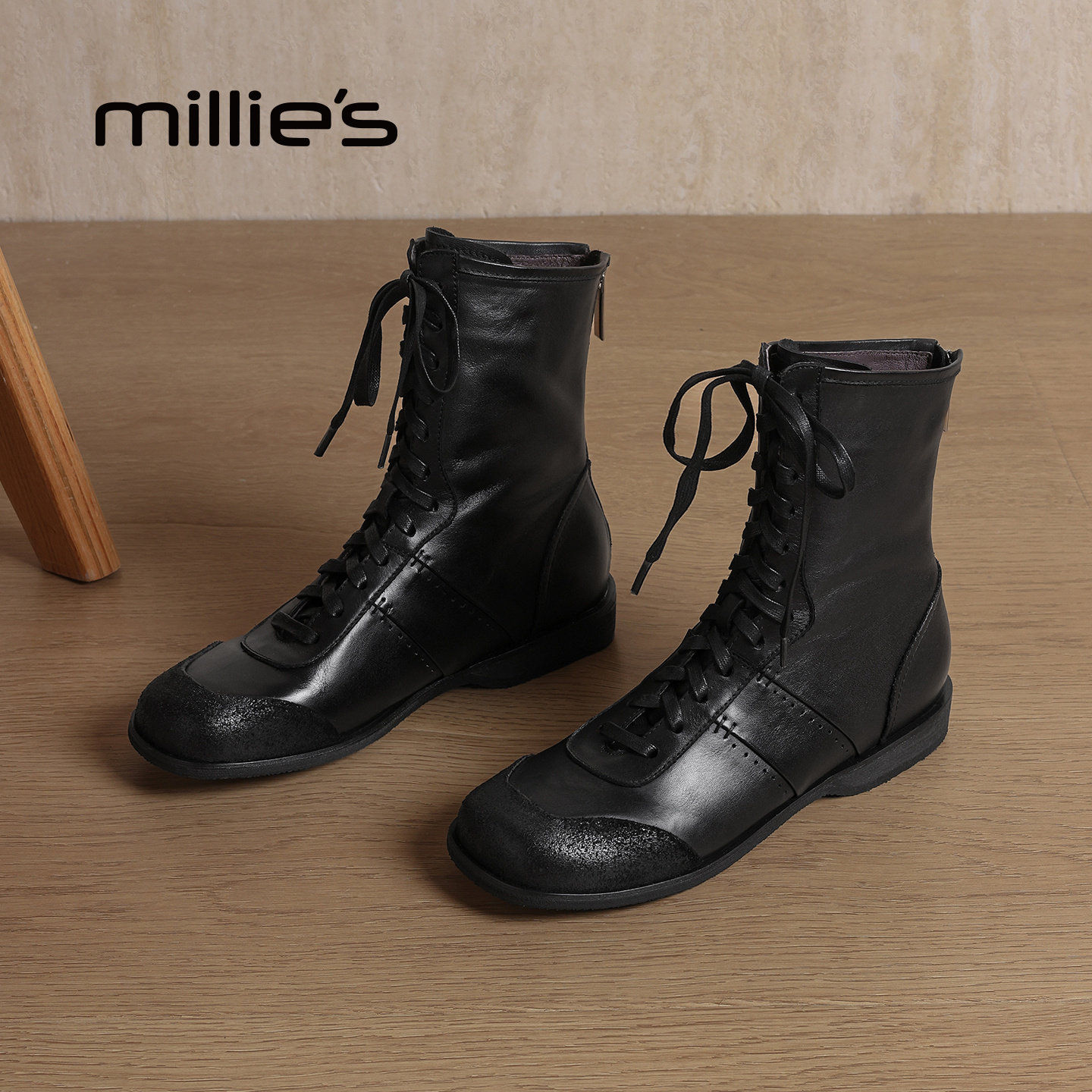 MILLIE'S/妙丽女鞋黑色系带马丁靴2025新款中筒百搭弹力靴户外靴Q,女鞋,弹力靴/袜靴,淘宝优惠券,粉丝福利购,淘宝优惠卷