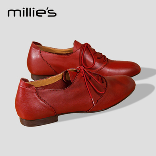 妙丽官方旗舰店法式深口单鞋女圆头低跟粗跟平底真皮红色小皮鞋女