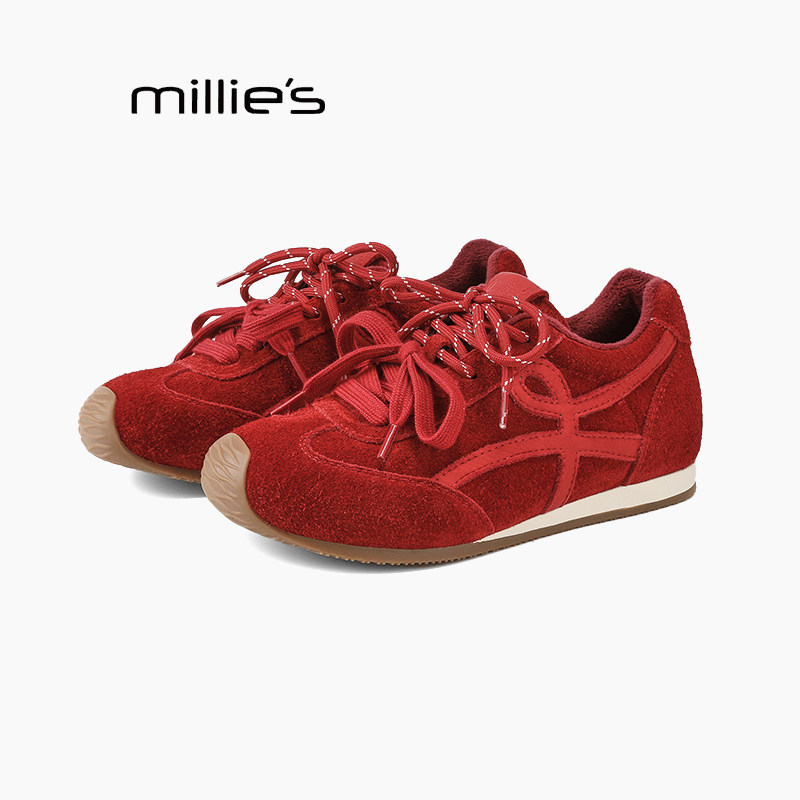 MILLIE'S/妙丽红色反绒皮德训鞋女秋厚底内增高复古风休闲运动鞋