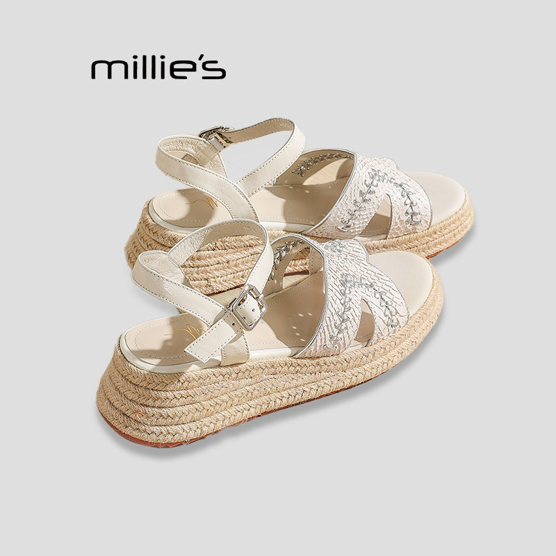MILLIE'S/妙丽春夏新款女士坡跟凉鞋女高跟草编镂空编织罗马鞋P