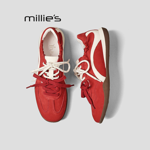 MILLIE'S/妙丽春季新拼色德训鞋女平底交叉绑带休闲百搭德训女鞋Q