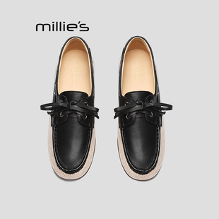 MILLIE'S/妙丽乐福鞋女真皮春季新款拼色复古软底小皮鞋百搭单鞋Q