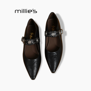 单鞋 妙丽2025新夏款 串珠玛丽珍鞋 小方头手抓纹一字式 MILLIE