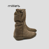 妙丽复古尖头褶皱堆堆靴女冬款 MILLIE 加绒中筒靴美拉德骑士靴Q