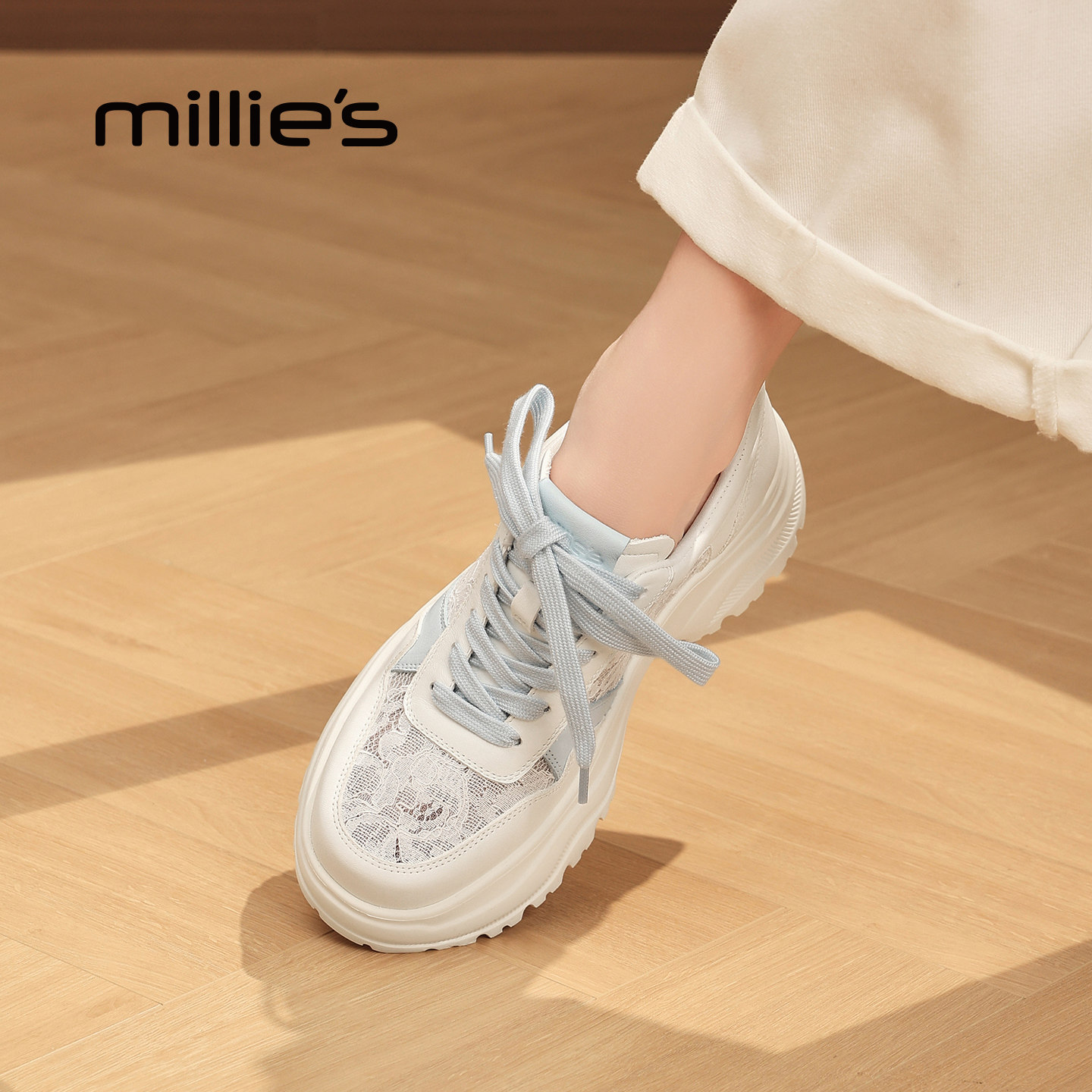 MILLIE'S/妙丽厚底系带凉鞋女2026夏季新款蕾丝拼接显高百搭Q