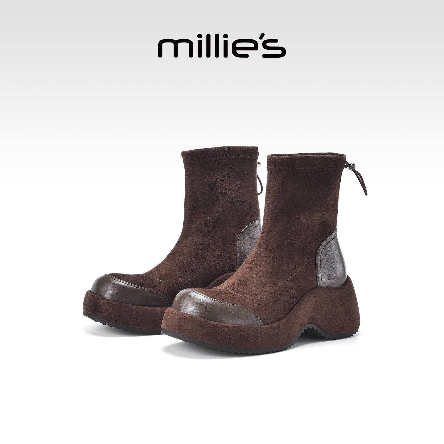 MILLIE'S/妙丽厚底短靴女2026新款磨砂皮瘦瘦靴棕色拉链马丁靴Q
