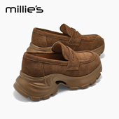 妙丽新款 厚底乐福鞋 MILLIE 女棕色英伦风小个子增高松糕小皮鞋