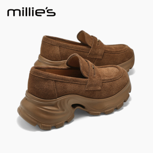 MILLIE'S/妙丽新款厚底乐福鞋女棕色英伦风小个子增高松糕小皮鞋A