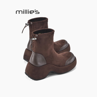 MILLIE'S/妙丽厚底羊皮小短靴美拉德靴子女款冬季加绒袜靴瘦瘦靴Q