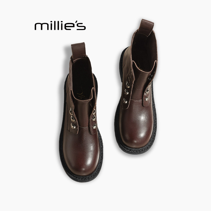 MILLIE'S/妙丽厚底侧拉链机车马丁短靴2025冬新款显瘦真皮骑士靴Q