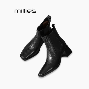 女复古方头粗跟短靴气质高跟切尔西马丁靴Z 妙丽2025新款 MILLIE