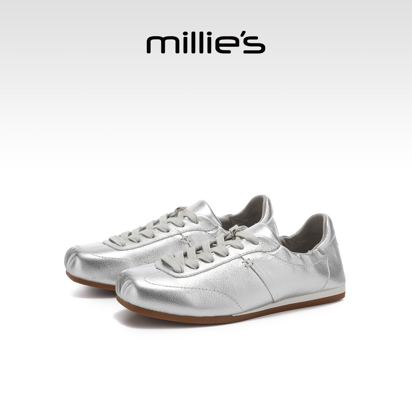 MILLIE'S/妙丽银色德训鞋2025新款真皮平底休闲运动鞋百搭女鞋Q,女鞋,老爹鞋,淘宝优惠券,粉丝福利购,淘宝优惠卷