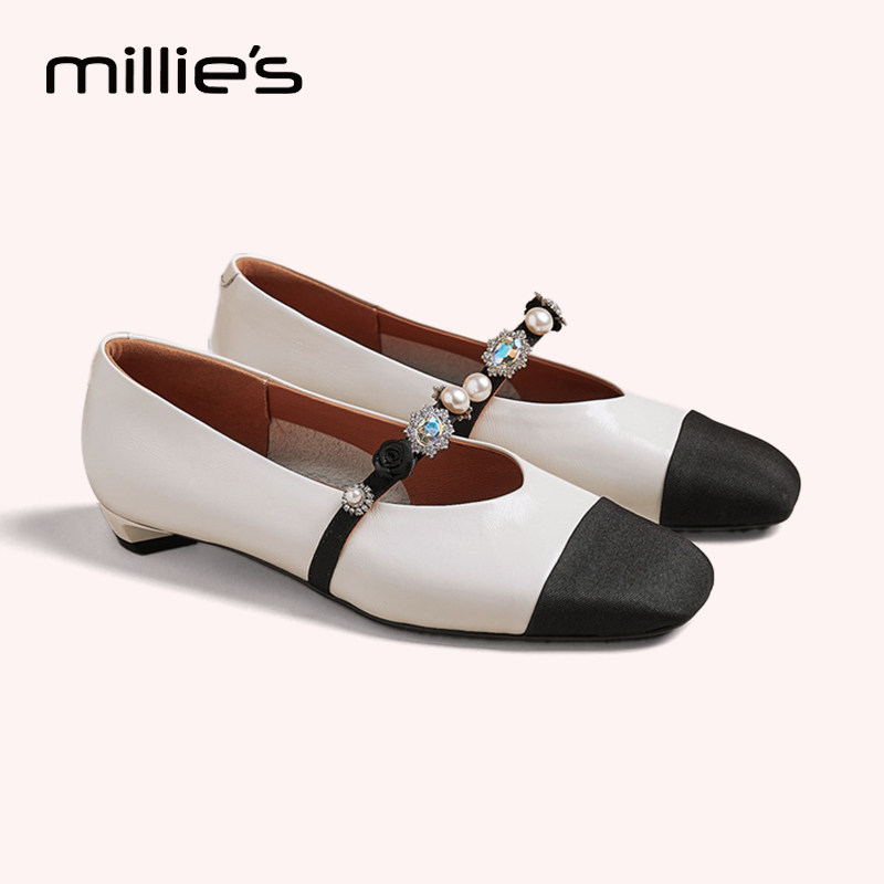 妙丽官方旗舰店女鞋2025新款真皮复古优雅浅口一字带小香风单鞋夏,女鞋,穆勒鞋,淘宝优惠券,粉丝福利购,淘宝优惠卷