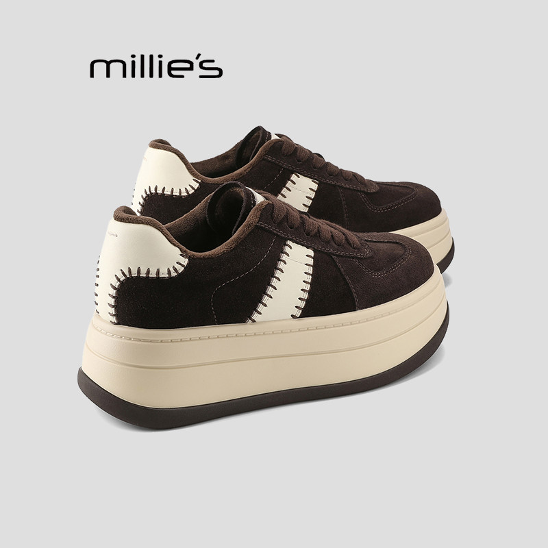 MILLIE'S/妙丽真皮厚底德训鞋女款冬季加绒个子增高绒面德训鞋子Q,女鞋,时尚休闲鞋,淘宝优惠券,粉丝福利购,淘宝优惠卷