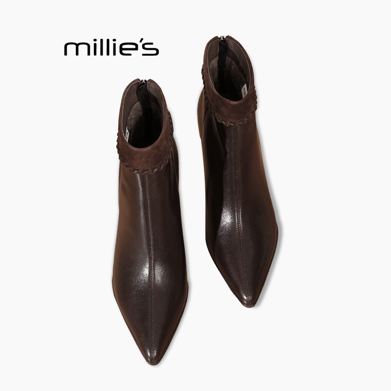 妙丽尖头后拉链短靴巨好看