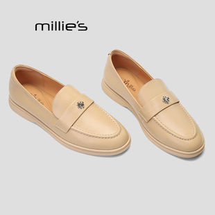 MILLIE'S/妙丽乐福鞋女粗跟英伦风一脚蹬小皮鞋舒适软底中跟单鞋Q