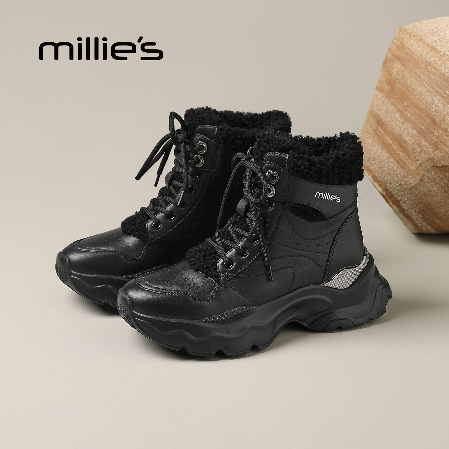 MILLIE'S/妙丽黑色加绒高帮马丁靴女冬季厚底户外雪地靴加厚保暖Q