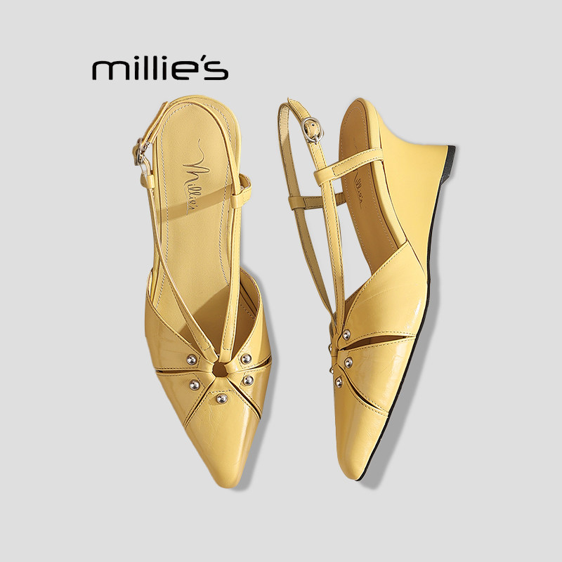 MILLIE'S/妙丽镂空一字扣中跟包头凉鞋女后绊带鞋子巨好看夏季款P