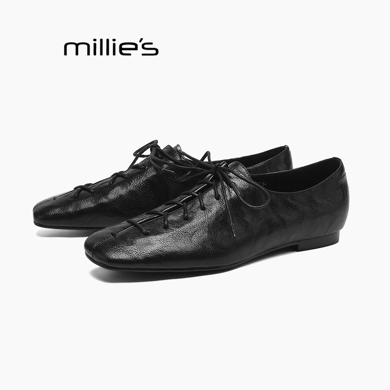 MILLIE'S/妙丽真皮系带平底工装鞋女黑色百搭简约老钱风单鞋Z,女鞋,工装鞋,淘宝优惠券,粉丝福利购,淘宝优惠卷
