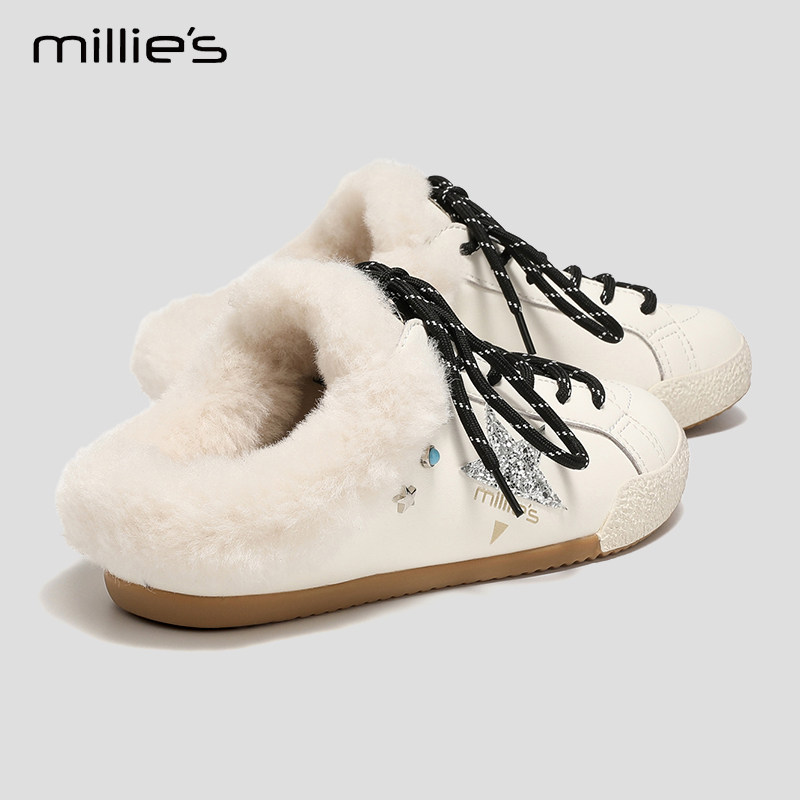 MILLIE'S/妙丽复古德训鞋女款加绒保暖时尚运动休闲鞋包头半拖鞋P