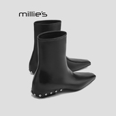 MILLIE 靴短靴Z 饰气质显瘦时装 妙丽黑色方头弹力靴女中筒铆钉装