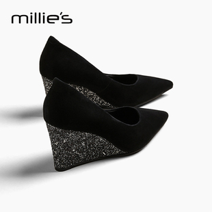 女坡跟尖头气质黑色晚晚风不累脚女单鞋 妙丽百搭高跟鞋 MILLIE