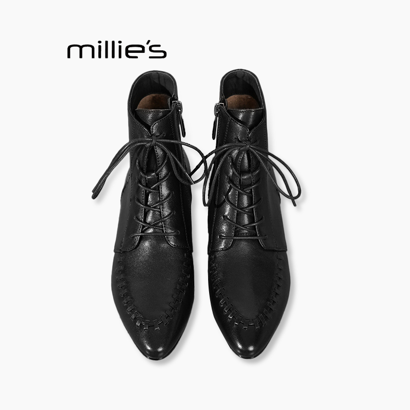 妙丽真皮系带女真皮短靴巨好看