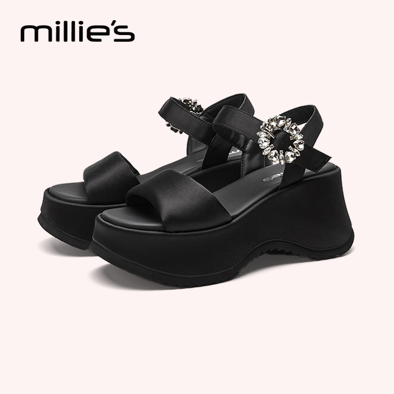 妙丽官方旗舰店2025新款真丝一字宽带水钻坡跟松糕厚底罗马凉鞋女