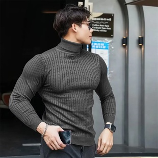 New Men's Turtleneck Sweaters Autumn Knitted Striped Street