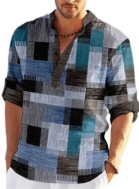 Patchwork 3D Print Color Block Henley Shirts Men's Fashion