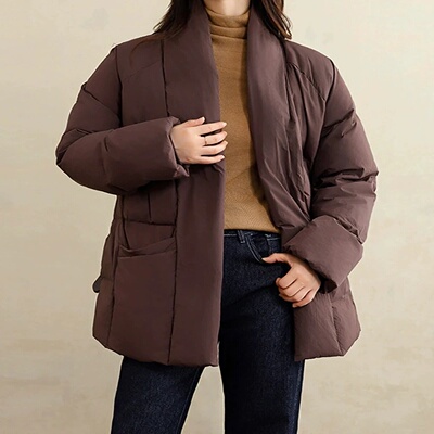 Schinteon Women White Duck Down Jacket Casual Loose Belt V-