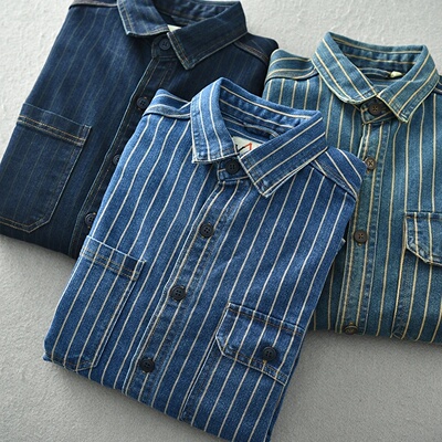 Heavy vintage washed vertical stripe denim shirt men's loos