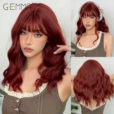 GEMMA Middle Length Red Brown Curly Wig with Bangs Synthetic