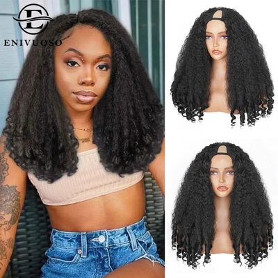 Afro Kinky Straight V Part Wigs with Bouncy Curls Short Synt