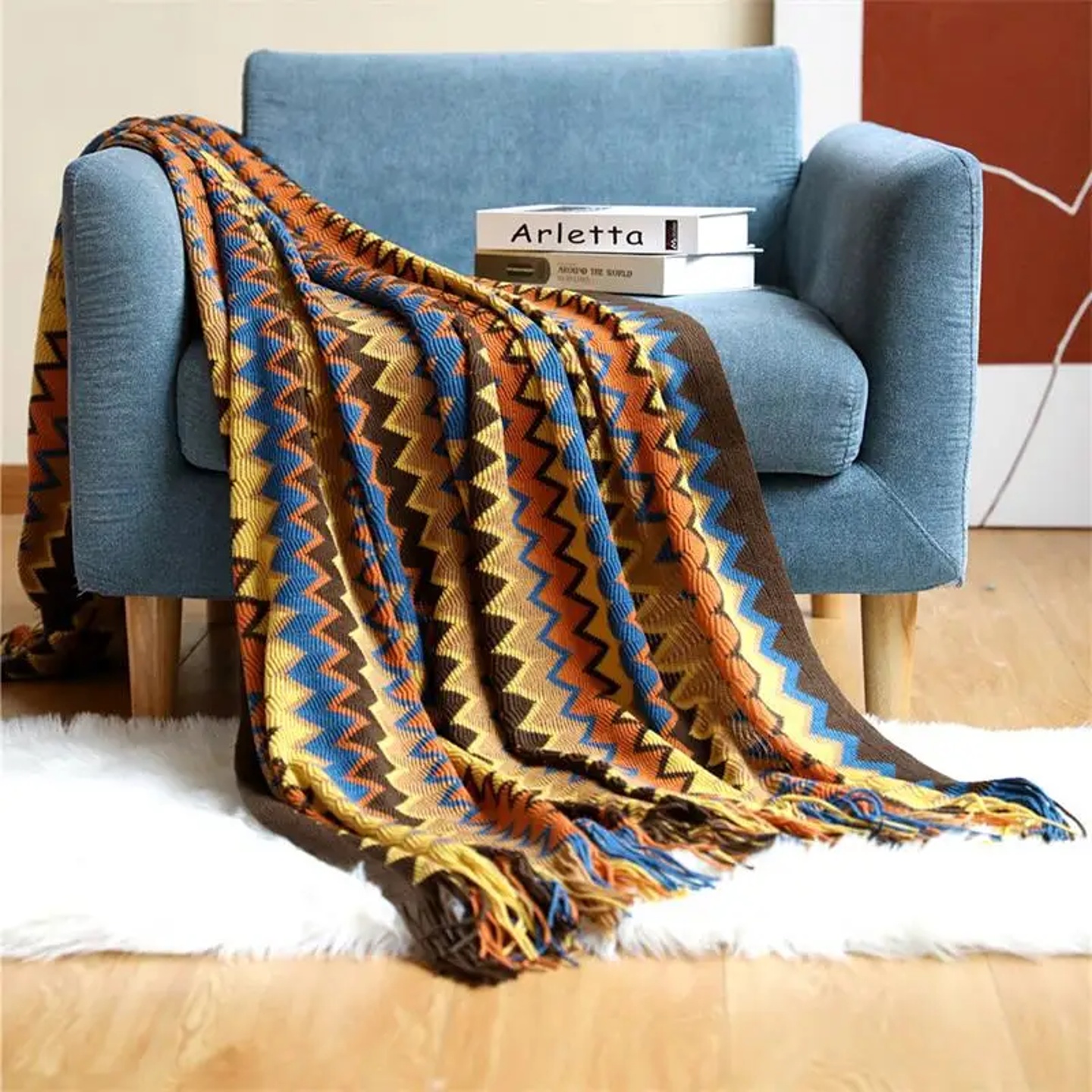 100% Acryl Hand Knitted Blanket with Tassel Summer Blanket