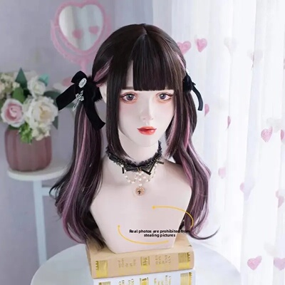 Double Tail Bun Wig Black And Pink Whole Head Wig Bangs Lon