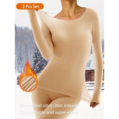 1set Women'S Solid Color Thermal Underwear Set - Ultra-Thin