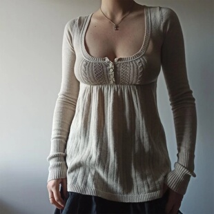2000s Vintage Long Sleeve Babydoll Knitted Sweater Tops Cot